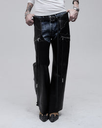 Riding Chaps in black leather, front view on model