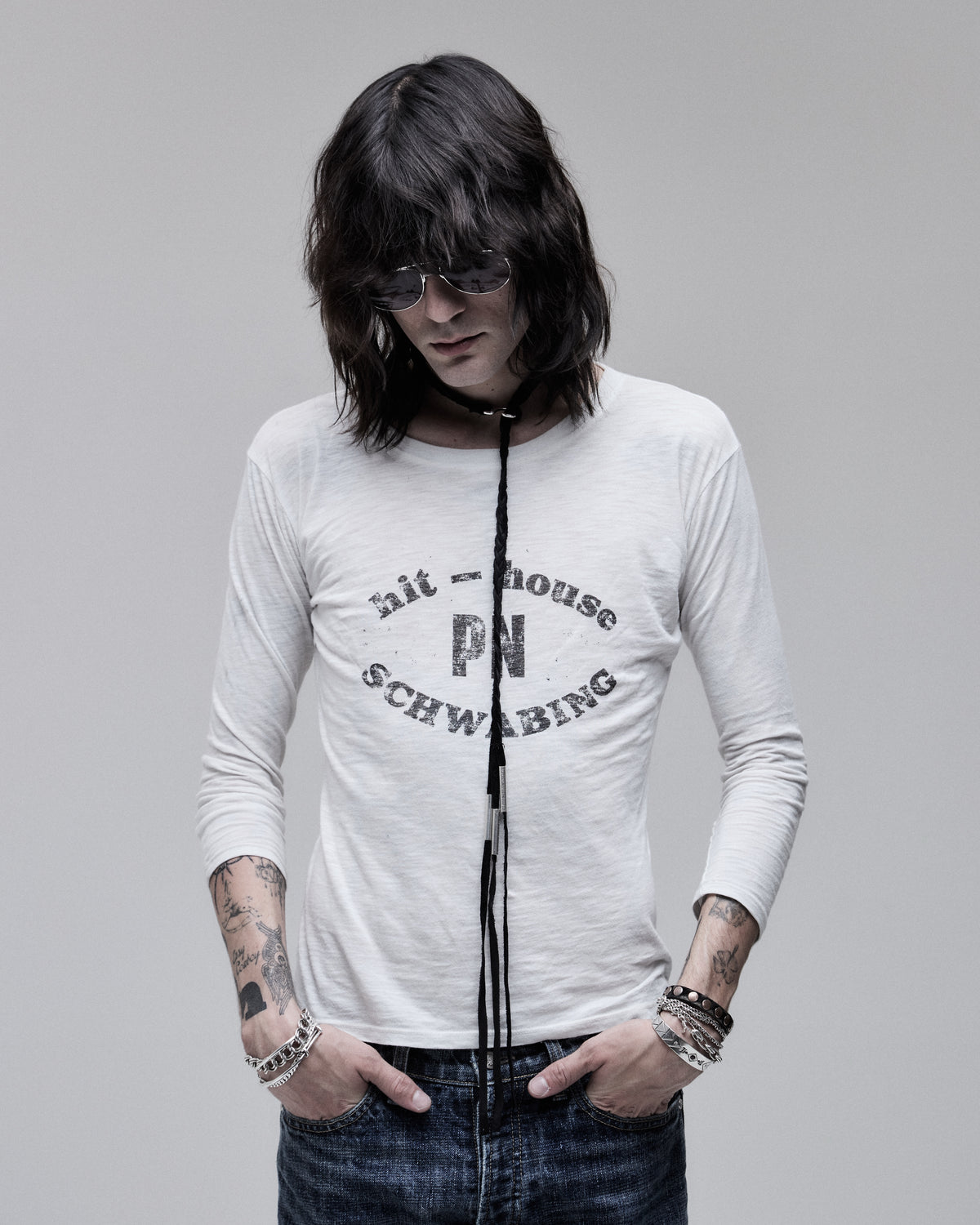 Hit House L/S graphic long-sleeve tee in white, front view on model