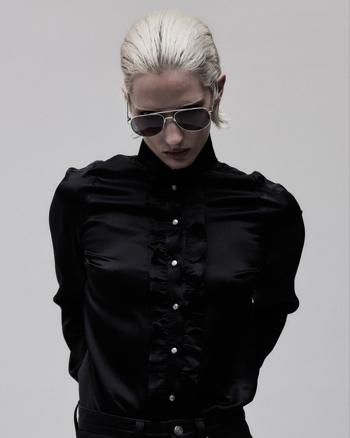 Aviator 001 sunglasses, front view on model