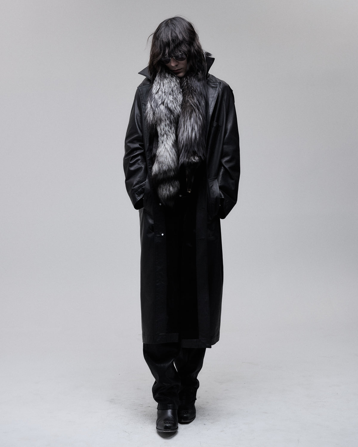 Daddy Leather Coat in black, full-length front view on model