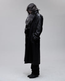 Daddy Leather Coat in black, three-quarter view on model