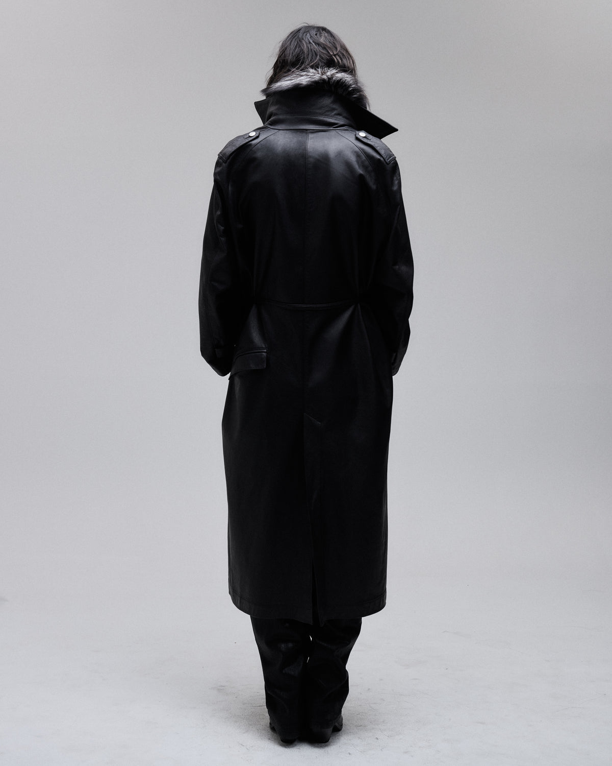 Daddy Leather Coat in black, back view on model