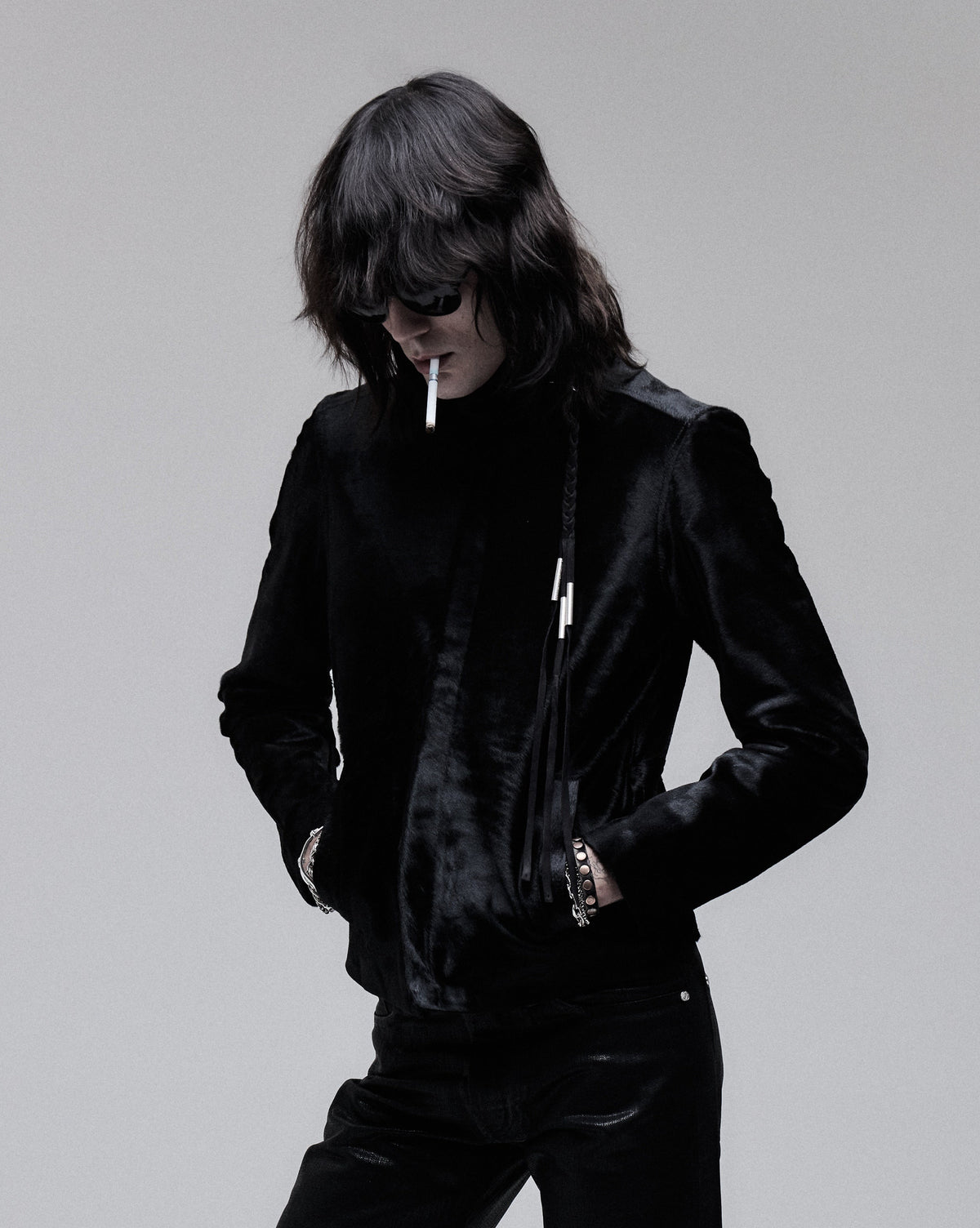 Pony Boy ponyhair jacket in black, front view on model