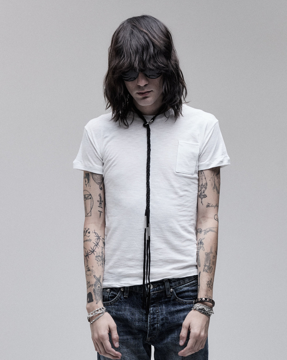 Cig Pocket Tee in white, front view on model