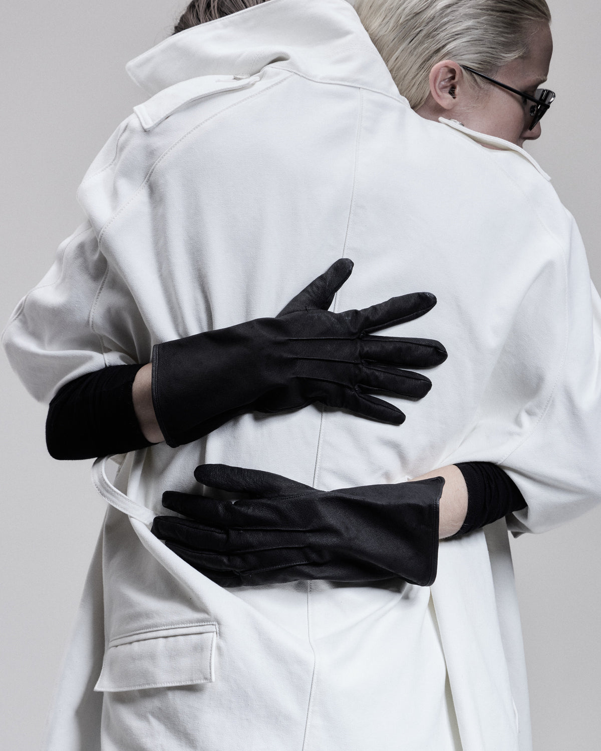 Long Gloves in black suede, worn on model