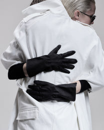 Long Gloves in black suede, worn on model