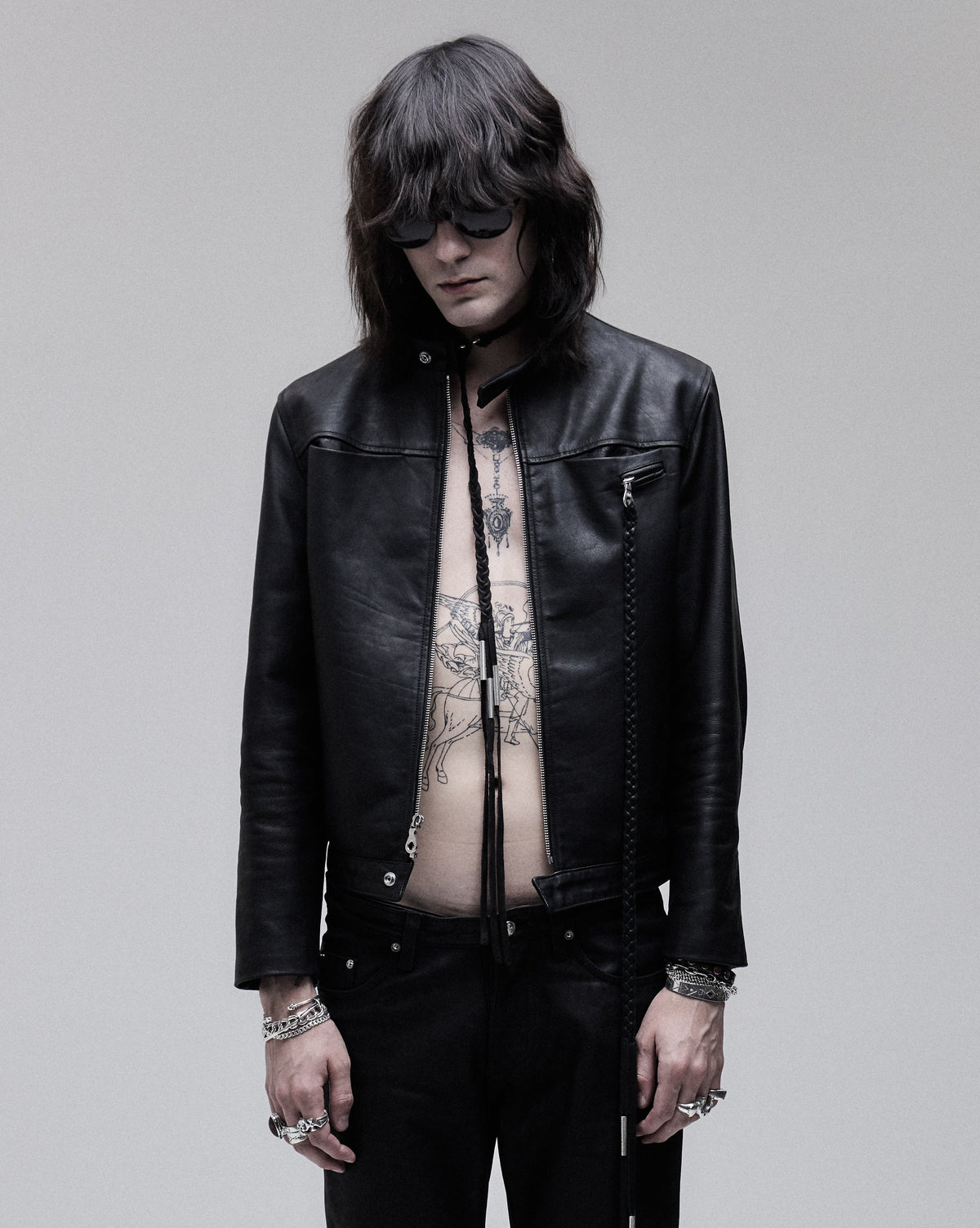 Cig-Zip Leather Jacket in black, front view on model, worn open