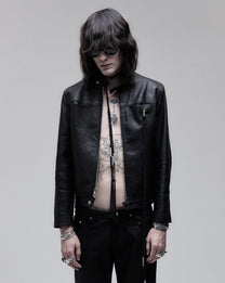 Cig-Zip Leather Jacket in black, front view on model, worn open