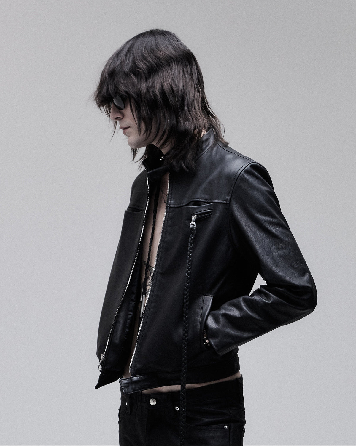 Cig-Zip Leather Jacket in black, side view on model