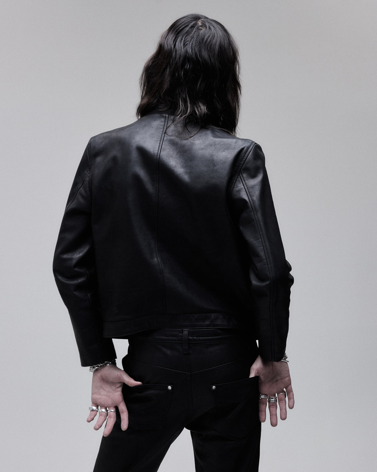 Cig-Zip Leather Jacket in black, back view on model