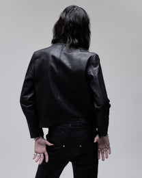 Cig-Zip Leather Jacket in black, back view on model