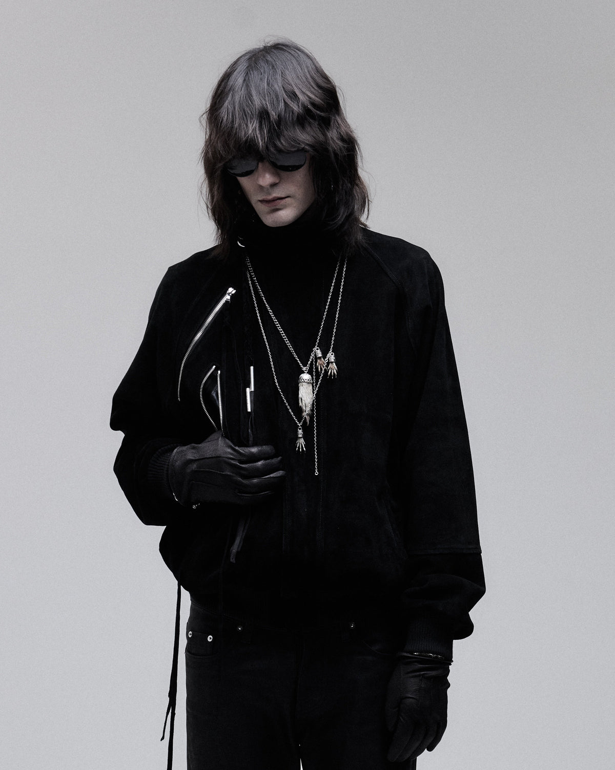 Suede Bomber jacket in black, front view on model