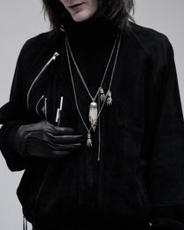 Suede Bomber jacket in black, close-up of the zip front and suede