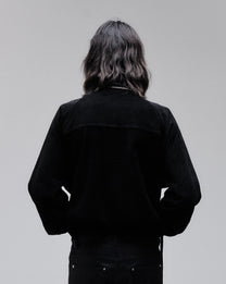 Suede Bomber jacket in black, back view on model