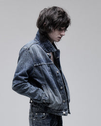 Hollywood Denim Jacket in washed blue, three-quarter front view on model