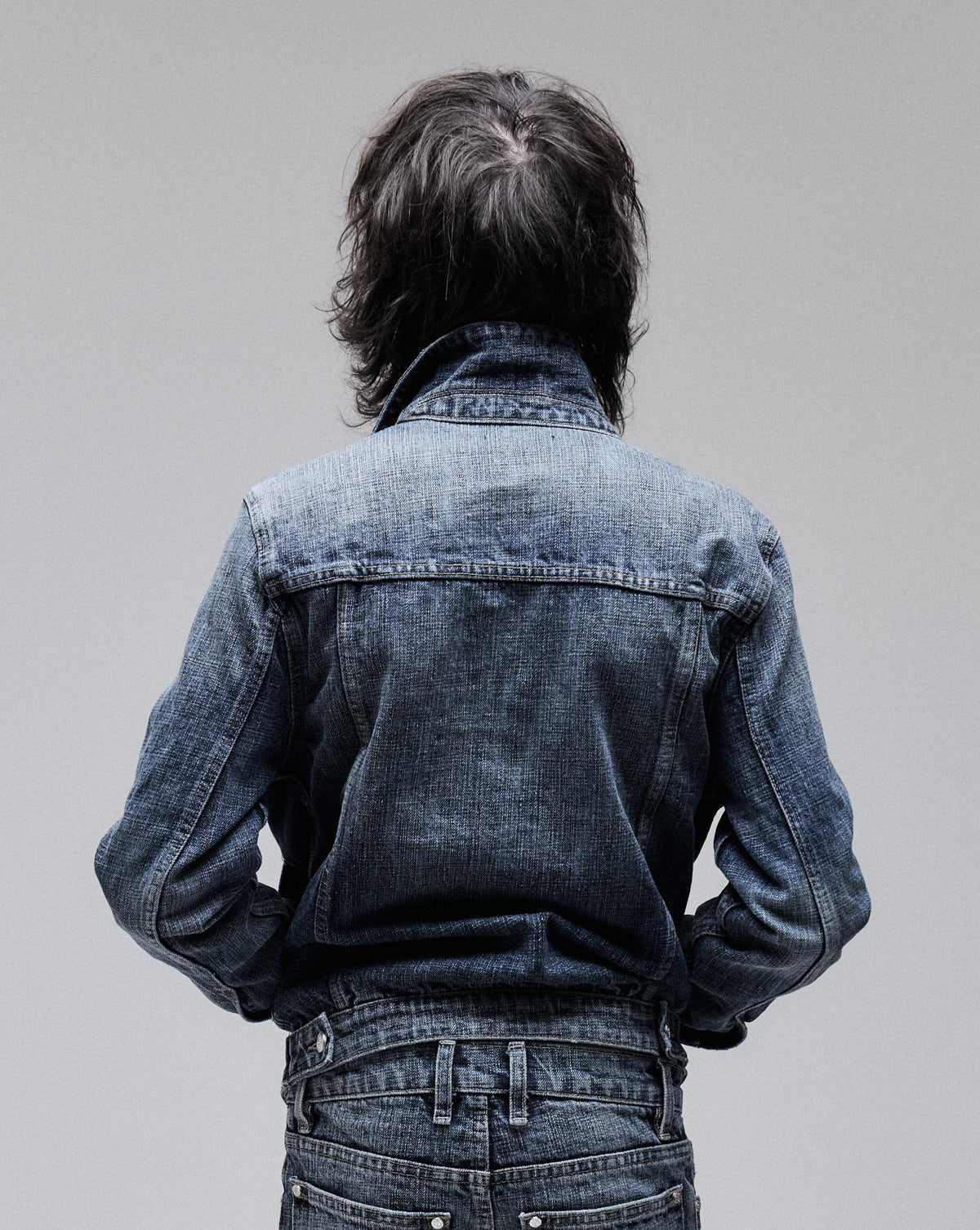 Hollywood Denim Jacket in washed blue, back view on model